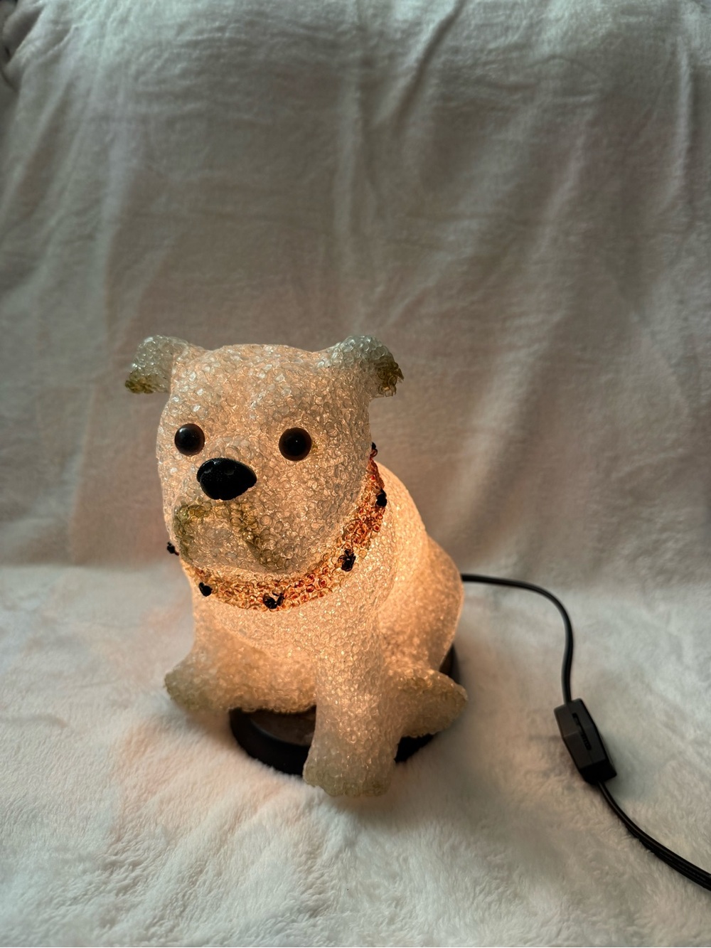 Melted plastic popcorn French Bulldog nightlight. 8” tall